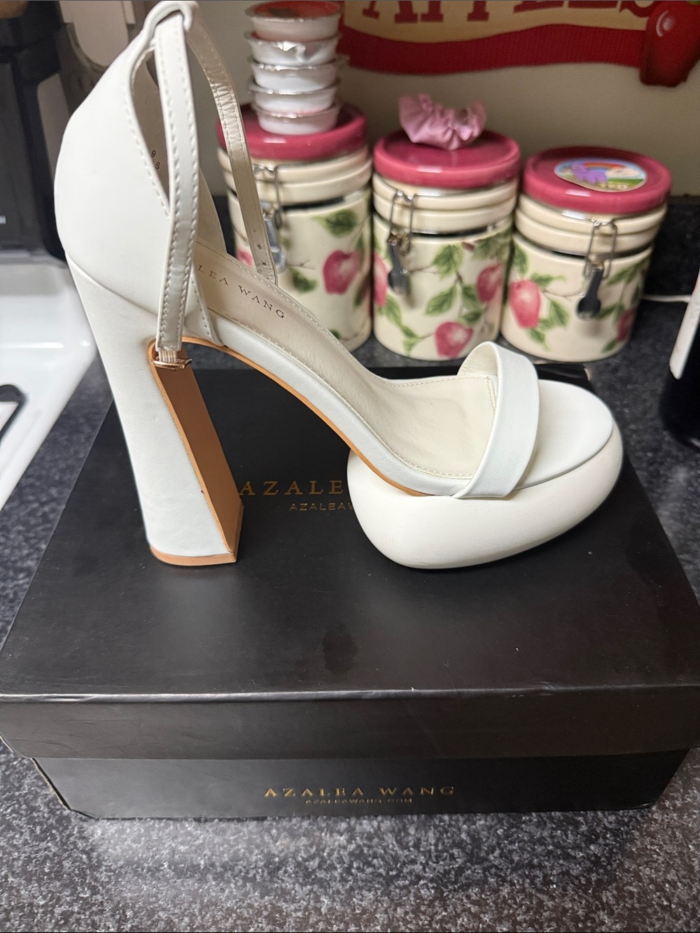 Azalea Wang White Platform Block Heel Sandal with Ankle Strap